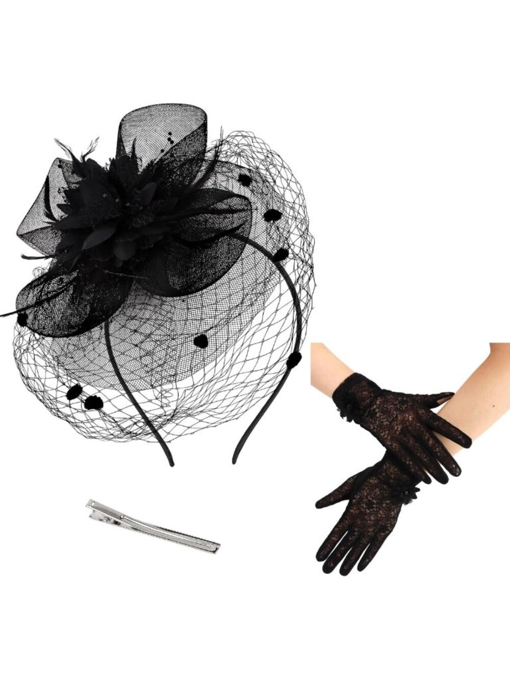 Elegant Women's Fascinator Hat with Lace Gloves - Tea Party, Wedding, Cocktail